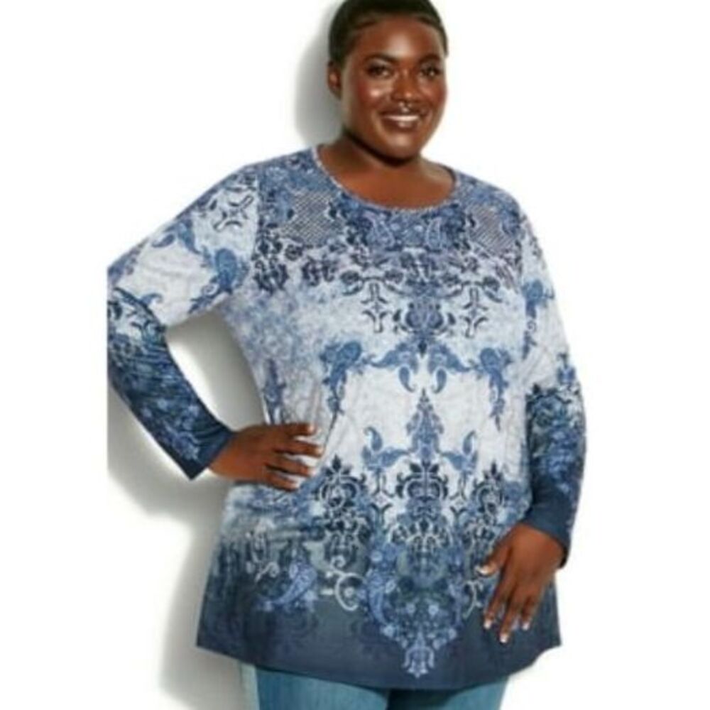 Arna York Blue Floral Paisley Print Beaded Long Sleeve Top Plus Size 26-28